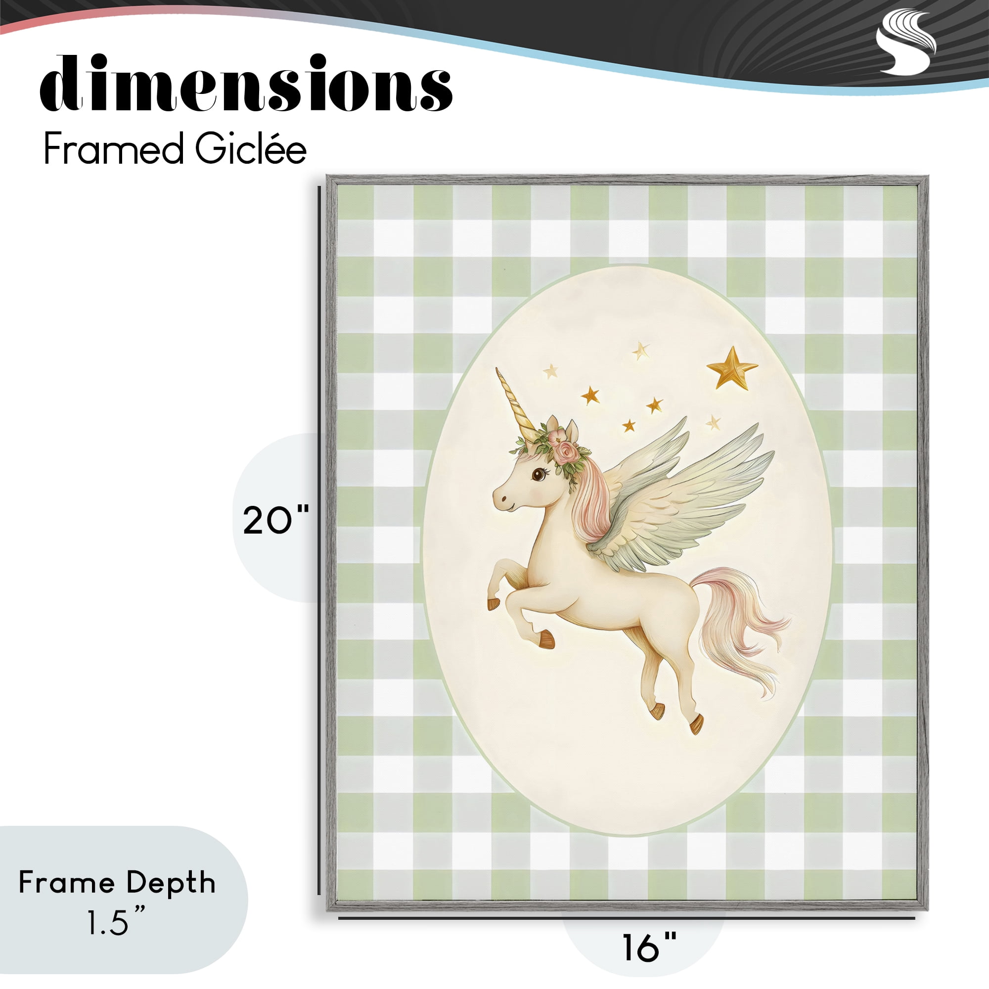 Stupell Industries Winged Unicorn over Green Gingham Gray Framed Giclee Art, design by Arlington Prints