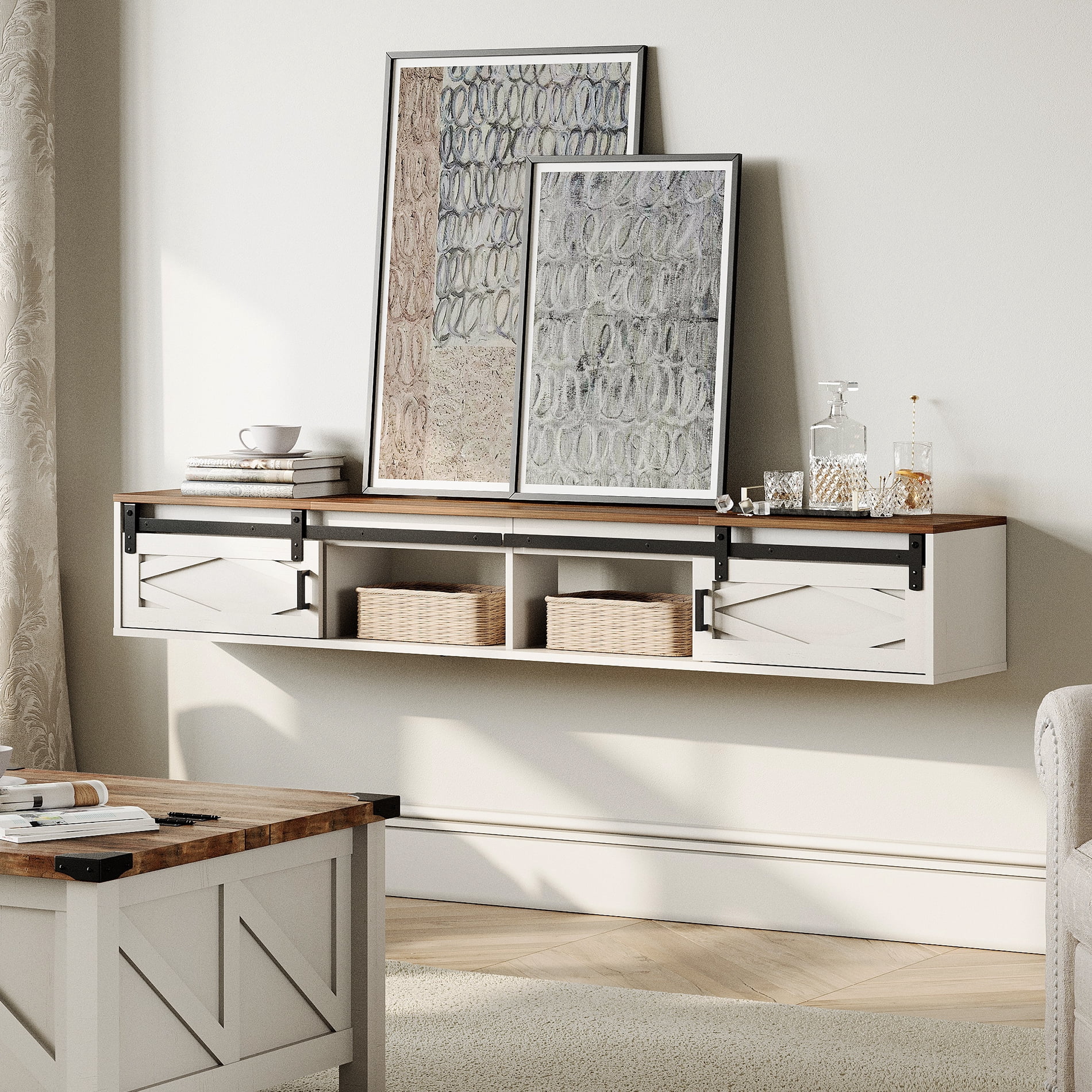Sliding Barn Door Floating TV Stand with Charging Station，White