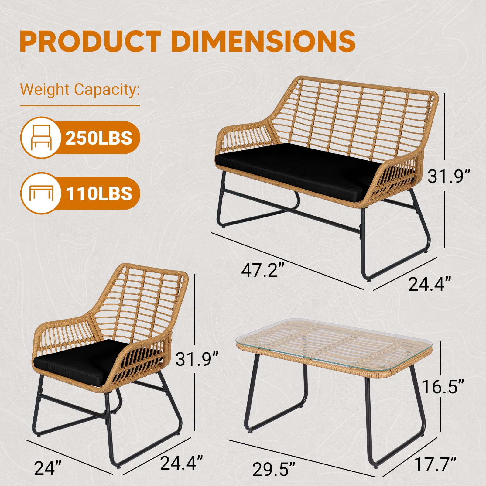 Tappio 4-Piece Rattan Patio Furniture Set, Outdoor Wicker Conversation Set with Tempered Glass Table, Black