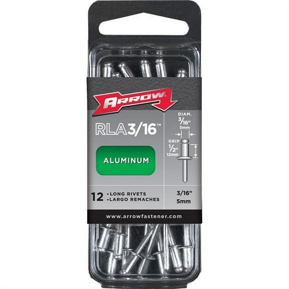 Arrow RLA3/16 Pop Rivet, Long, 1/2 in L, Aluminum
