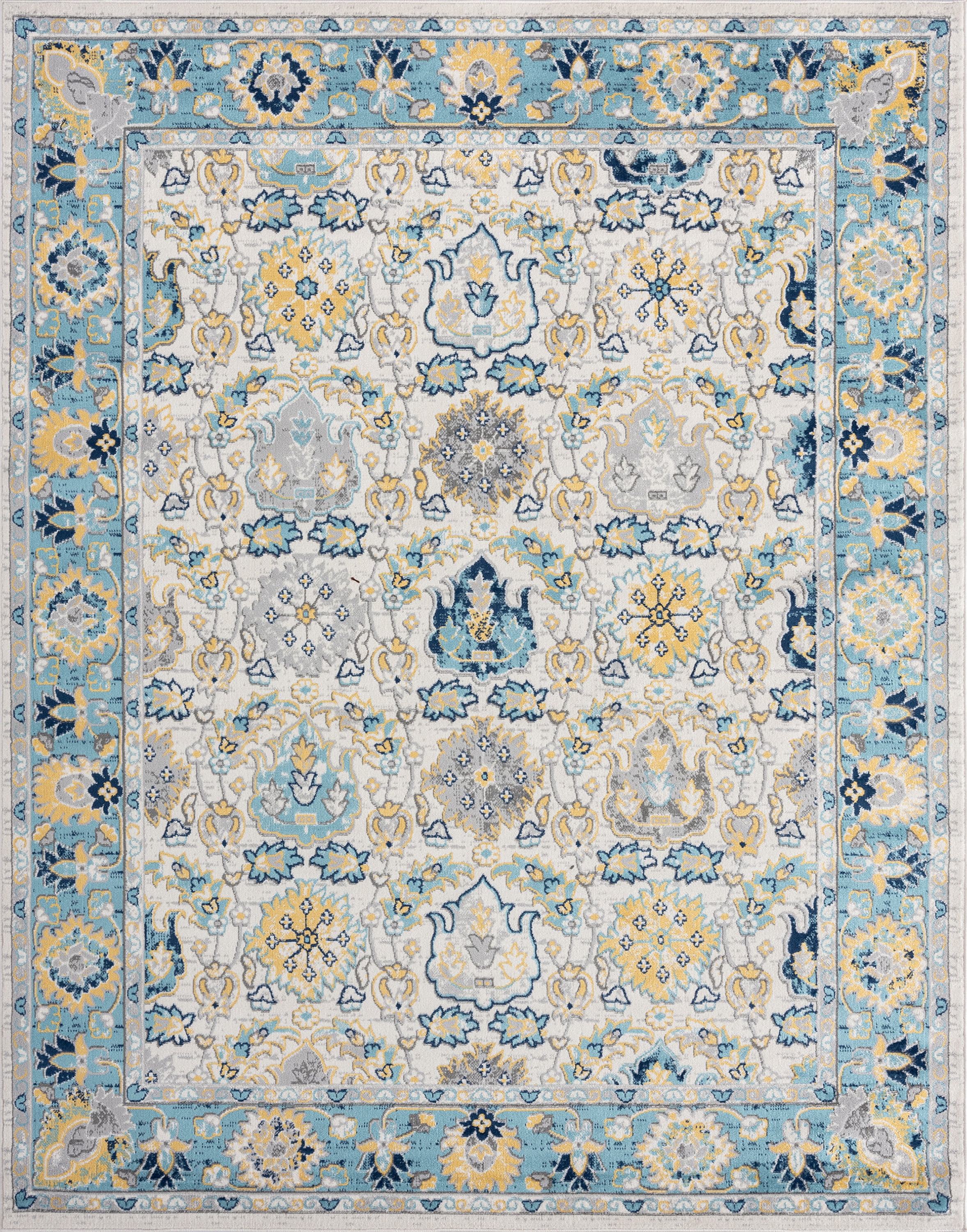 Transitional 8x10 Area Rug (7'11'' x 10'3'') Oriental Aqua, Yellow Living Room Easy to Clean