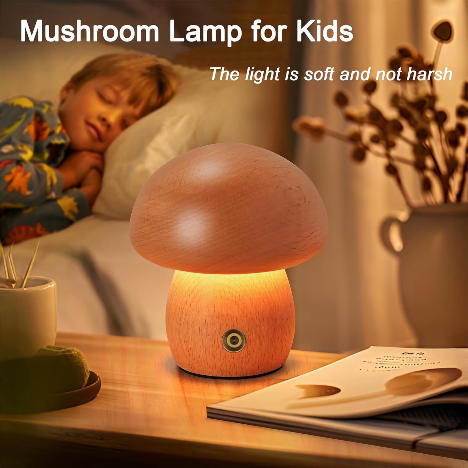 Mushroom Lamp Mushroom Decor:Mushroom Night Light 3 Colors Adjustable Brightness,Wooden Mushroom Light for Bedroom, Living Room and Office Decoration,Rechargeable (A)