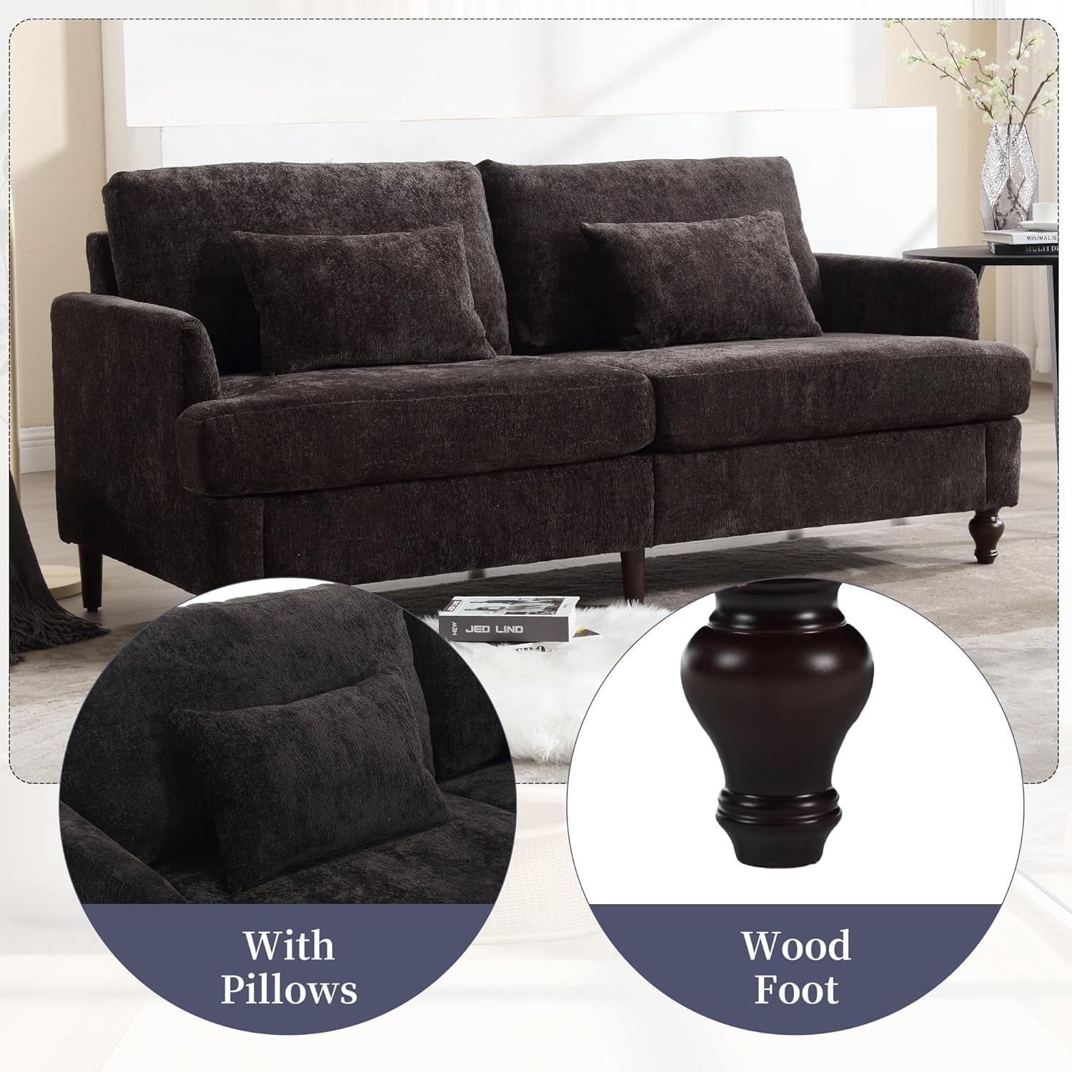 MOONMISS chenille Fabric Loveseat sofa, 2-Seat Upholstered for Living Room,Brown wood feet Black