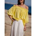 thumbnail image 6 of Niusricy Women Solid Basic Ruffled Blouse Ladies Elegant Off-Shoulder Boat Neck Shirts Half Puffy Sleeves Tunic Tee Loose Flowy Fit Tops Fashion Casua Streetwear for Shopping Holiday Leisure, 6 of 7