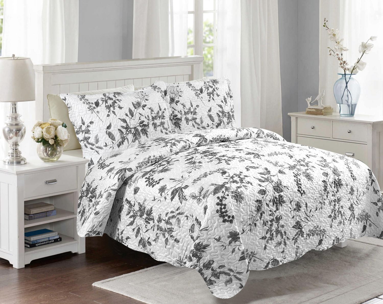 Marina Decoration Parure de lit ultra douce avec couvre-lit en tissu Pinsonic imprimé en relief et taies d'oreiller, motif branches florales de chrysanthème gris