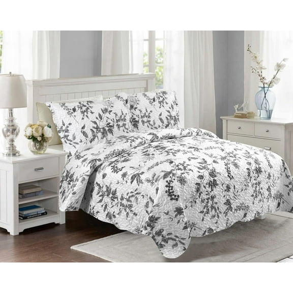 Marina Decoration Rich Printed Embossed Pinsonic Coverlet Bedspread Ultra Soft Bedding Summer Quilt Set with Shams, Grey Chrysanthemum Floral Branches