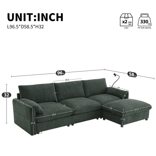 EPOWP 96.5'' Modular Sectional Sofa Set with Storage Ottoman, Chenille L-Shaped Cloud Sectional Couches with Adjustable Phone Holder & USB Charger for Living Room, Apartment, Office