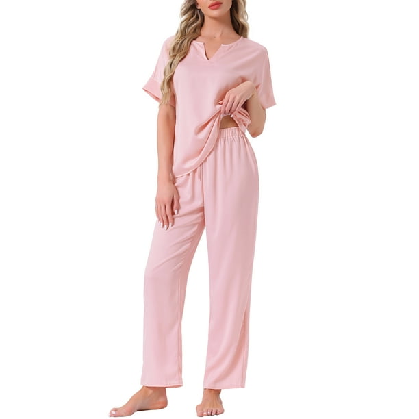 INSPIRAR CHIC Pijamas de Satén para Mujeres, Camisa de Manga Corta de Seda con Cuello en V y Pantalones Largos, Conjunto de Ropa de Casa Suave Pjs L Rosa