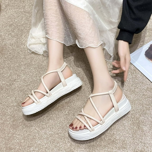 AXXD Women Beige Sandals Summer Round-toe Open Toe Sandals Thick Bottom Solid Color Casual Sandals