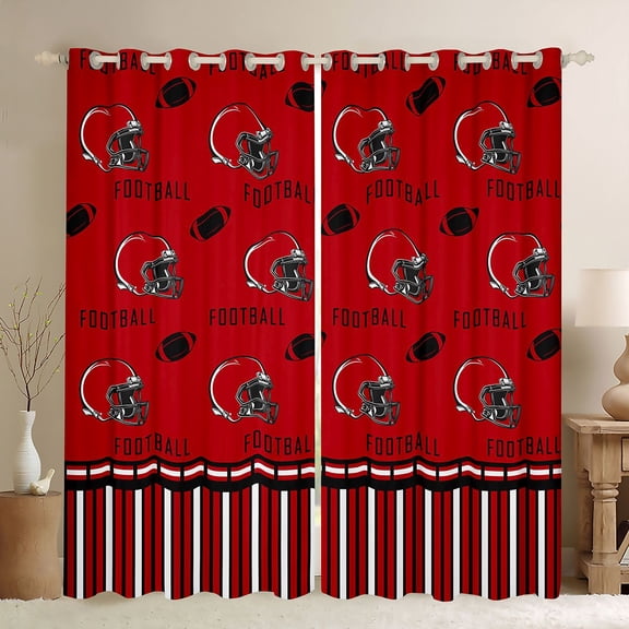 Homewish Boys Ball Game Black Out Curtains,Football Sport Game Curtains Pack of 2 (42x63 Each),Red Rugby Helmet Bedroom Curtains For Kids,Ultra Soft Home Decor