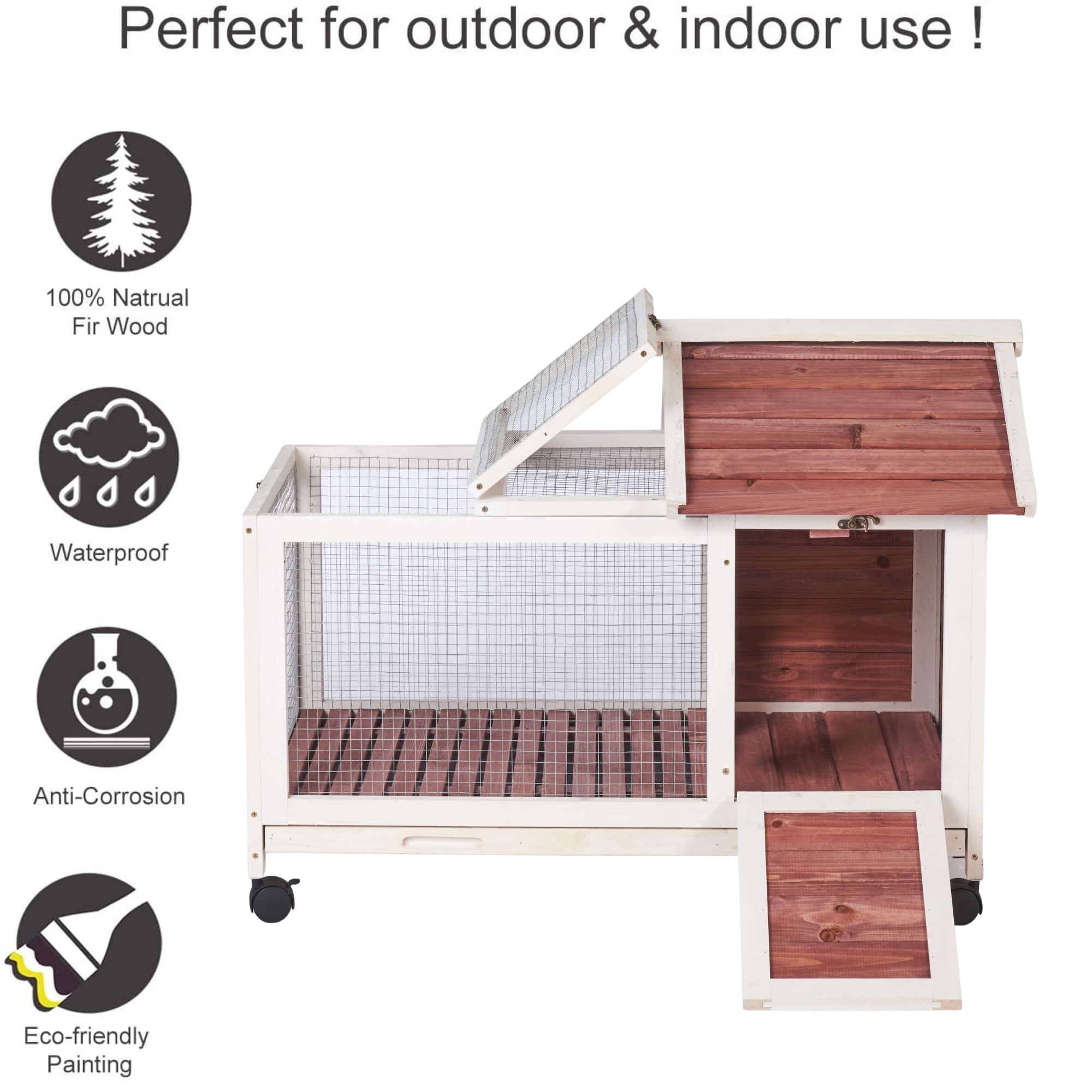Kadyn Bunny Cages for Rabbits Indoor, Rabbit Hutch with Pull out Trays for Easy Cleaning, Indoor Bunny Cage with 4 Wheels, Auburn
