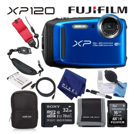Fujifilm FinePix XP120 Waterproof Digital Camera (Blue) Value Accessory Bundle Includes 32GB Memory Card, Floating Wrist Strap, Professional Cleaning Kit, and Much