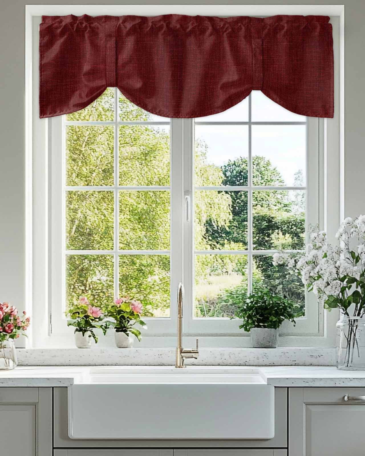 Wine Red Linen Tie Up Valances Curtain, Adjustable Kitchen Farmhouse Pure Color Country Farm Valances for Windows Decor, Rod Pocket Short Curtains Set for Bedroom/Bathroom, 54"x18"