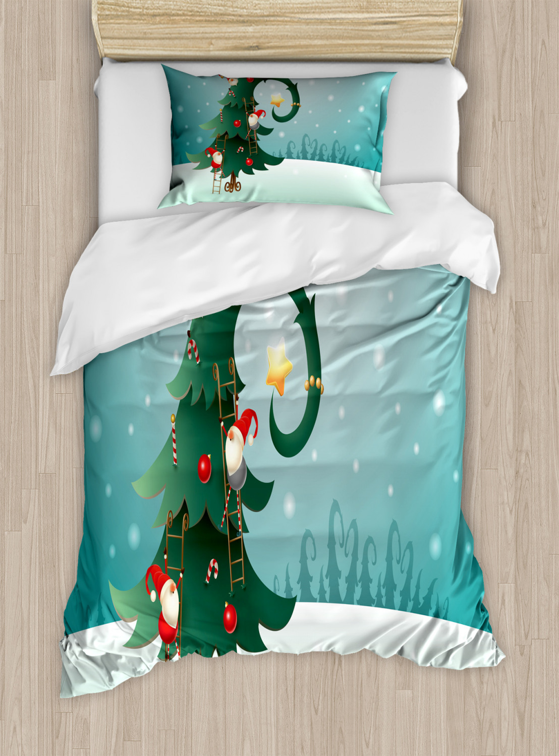 North Pole Duvet Cover Set Twin Size, Christmas Tree and Scandinavian