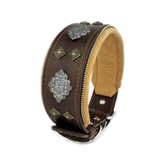 The Bestia "Aztec" Brown Leather Dog Collar for Large Dog Breeds