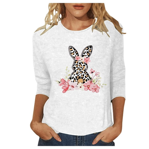 Alun Fashion Leopard Bunny Easter's Day T Shirts for Women Crewneck 3/4 Sleeve Casual Tops Cute Rabbit Graphic Easter Gift Tees Soft Comfortable Spring Outfit White XL