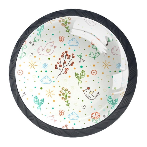 4 Pcs Doodle Floral Bird Knobs for Kitchen Cabinet Cupboard Dresser Bookcase Drawer Pulls Handles Round Home Decor