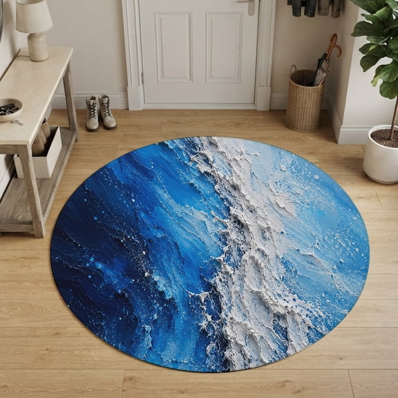 Abstract Ocean Round Area Rug 4Ft Washable Circle Rugs for Bedroom Dining Room, Coastal Beach Sea Blue White Modern Art Non-Slip Carpet Floor Mats Indoor Outdoor Carpet Runner Aesthetic Home Decor