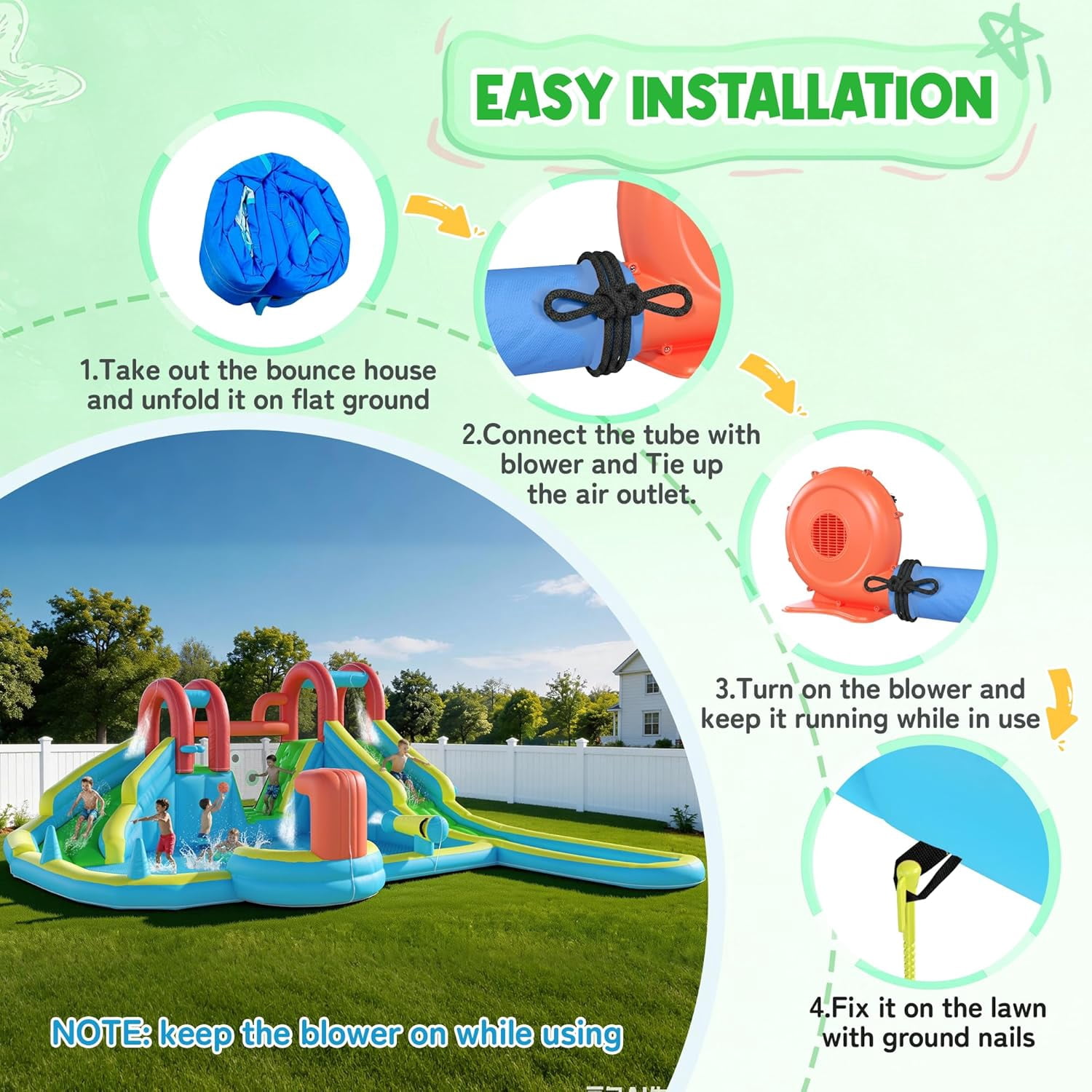 Inflatable Water Slide,10 in 1 Double Water Slide Bounce House for Kids 3-12 with Blower, Splash Pool, Water Cannon, Climbing Wall, Basketball Hoop for Kids Indoor Outdoor Backyard