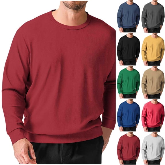 Men's Long Sleeve Ribbed Knit Shirts Crew Neck Pullover Tops Regular Fit Stretchy Sweatshirt Lightweight Sweater