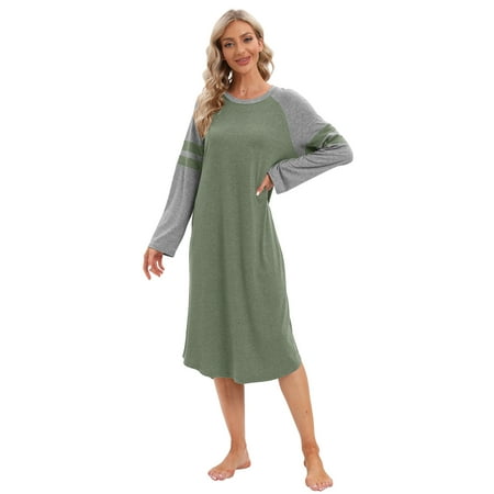 

Baywell Long Nightgown Womens Crew Neck Loungewear Raglan Long Sleeve Sleepwear Loose Sleep Dress Green S-2XL
