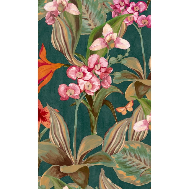 Papier Peint Floral Orchidées Peint à la Main Vert Foncé R8142