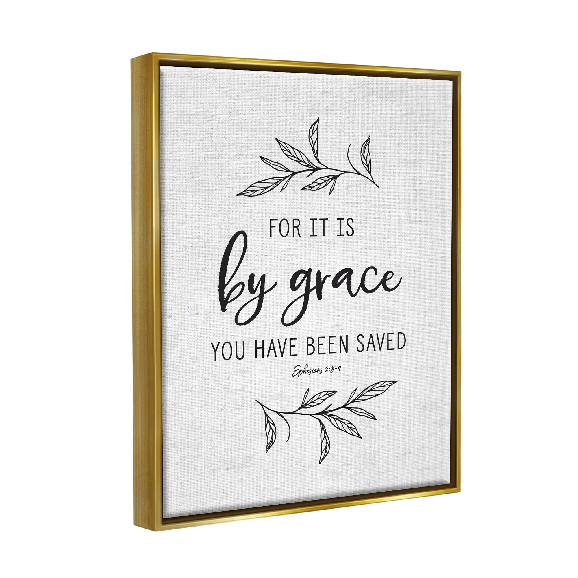 Stupell Industries By Grace Spiritual Verse Phrase Leaf Sprigs Graphic Art Metallic Gold Floating Framed Canvas Print Wall Art, Design by Lettered and Lined