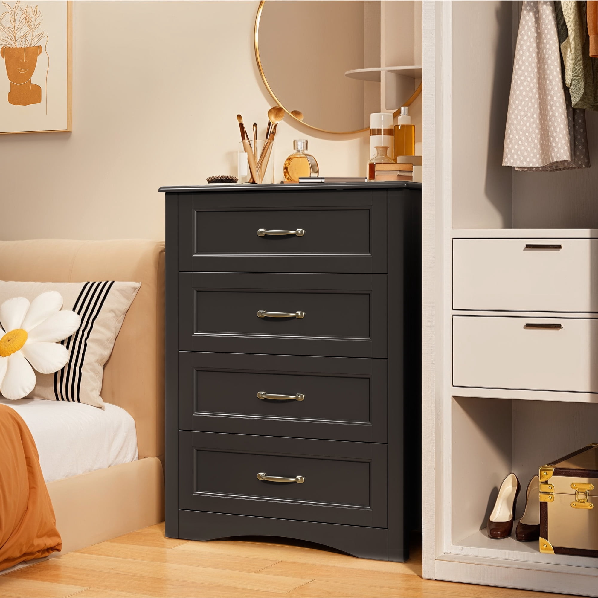 Noelse Dresser for Bedroom with 4 Drawers Wooden Chest of Drawers for Closet Dresser Storage Unit Organizer for Hallway Living Room and Office, Black