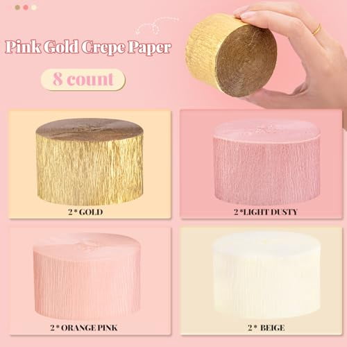 8 Rolls Pink Gold Crepe Paper Streamers for Wedding, Birthday, Bachelorette, Bridal Shower and Baby Shower Party Decorations