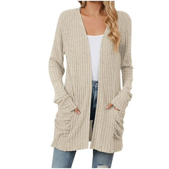 Busydd Womens Cardigan Sweaters Trendy Knitted Ribbed Cardigan Sweaters for Women Solid Color Warm Winter Coats Open Front Long Sleeve Cardigan Coats Casual Lightweight Sweater Tops with Pockets