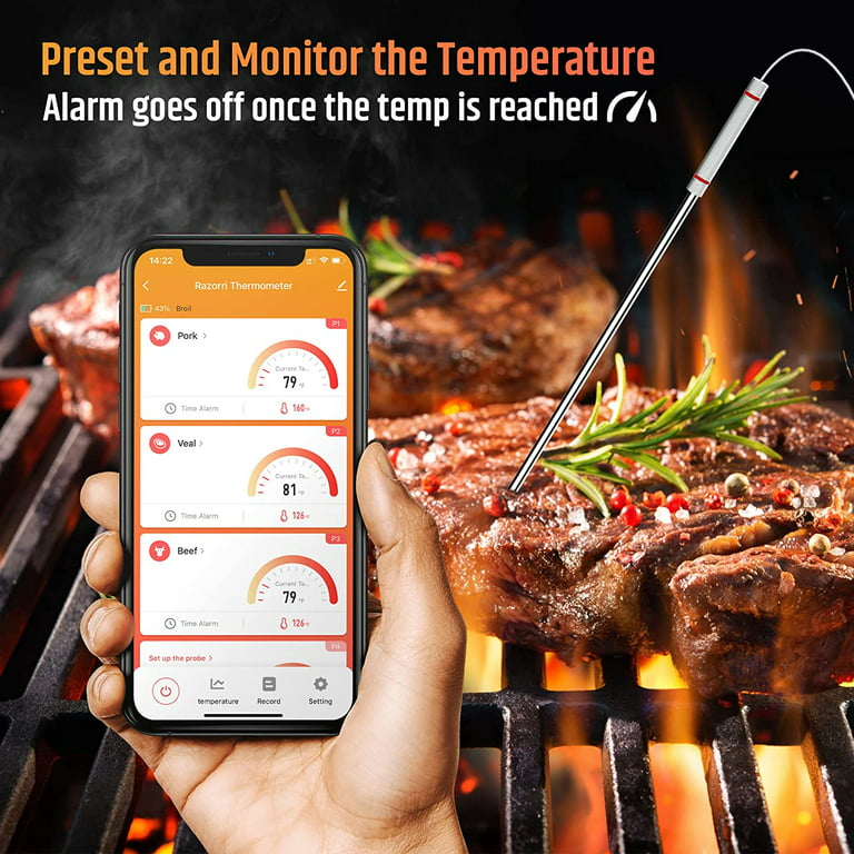 Razorri Smart Meat Thermometer Digital Wireless Timer with 4 Probes - Grill  Temperature Remotely Monitor Alarm Sensor - Use for Barbecue, Smoking Meat,  Oven, Grill, Drum Bake or Fridge 