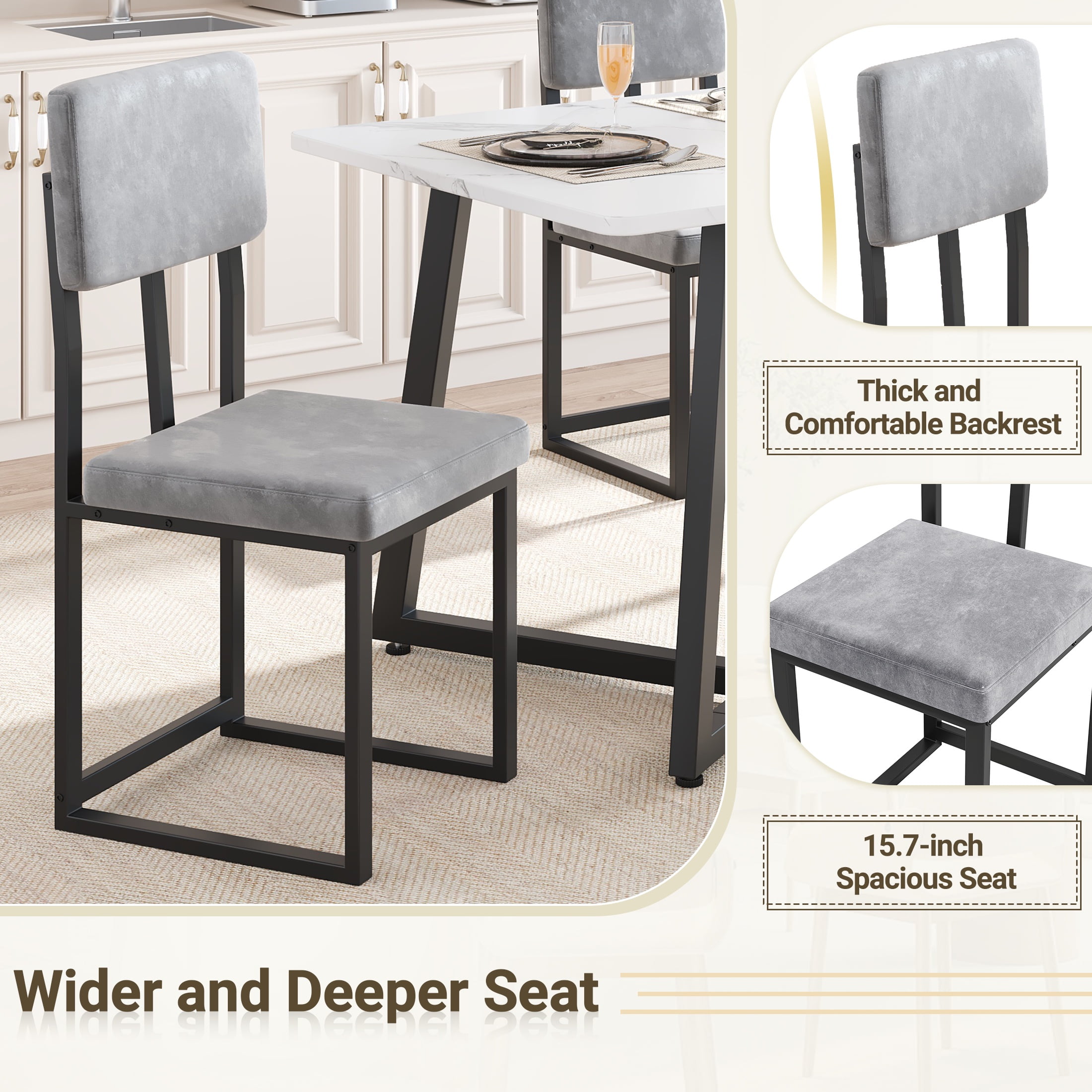 PAPROOS Dining Table Set for 4, 5 Piece Dining Room Table Set with Faux Marble Top and Fabric Upholstery Chairs, Modern Dinette Sets for Breakfast Nook, Kitchen Table and Chairs Set, White&Gray