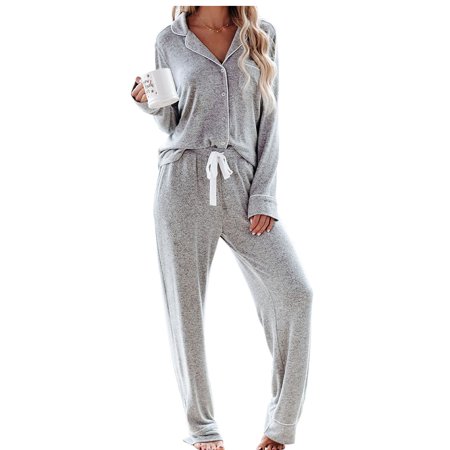 

Ekeka Clearance ! V Neck Drawstring Closure Two Piece Loungewear Women Pajama Set Long Sleeve Home