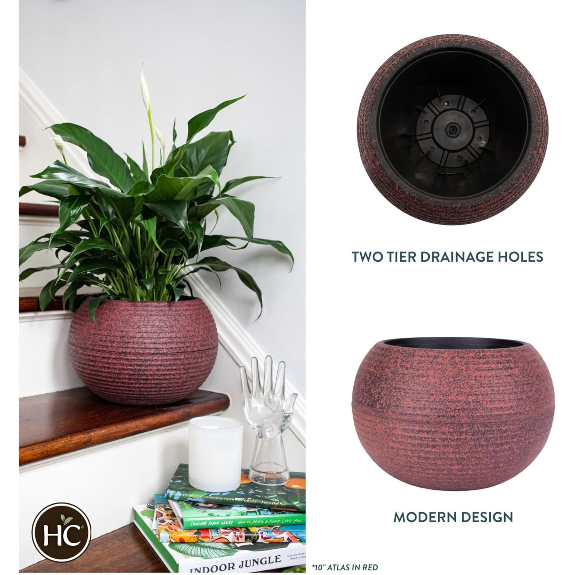 The HC Companies 8 Inch Atlas Sphere Planter, Round Plastic Planter Pot, Red