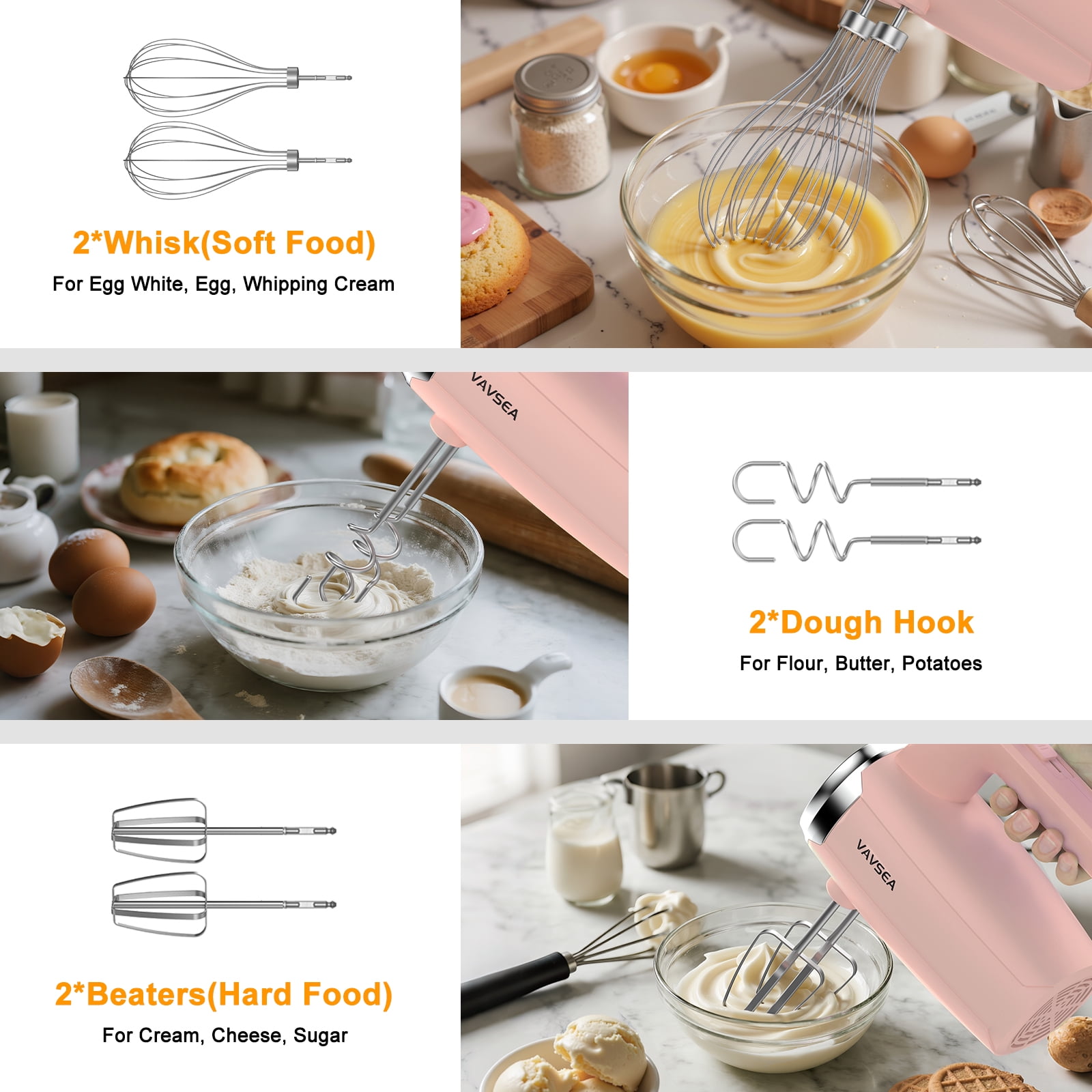 VAVSEA Electric Hand Mixer with 32 Attachments, Includes 2 Whisk, 2 Dough Hooks, 2 Beater, Cake Decorating, 500W Handheld Mixer for kitchen, Baking, Blending, Pink