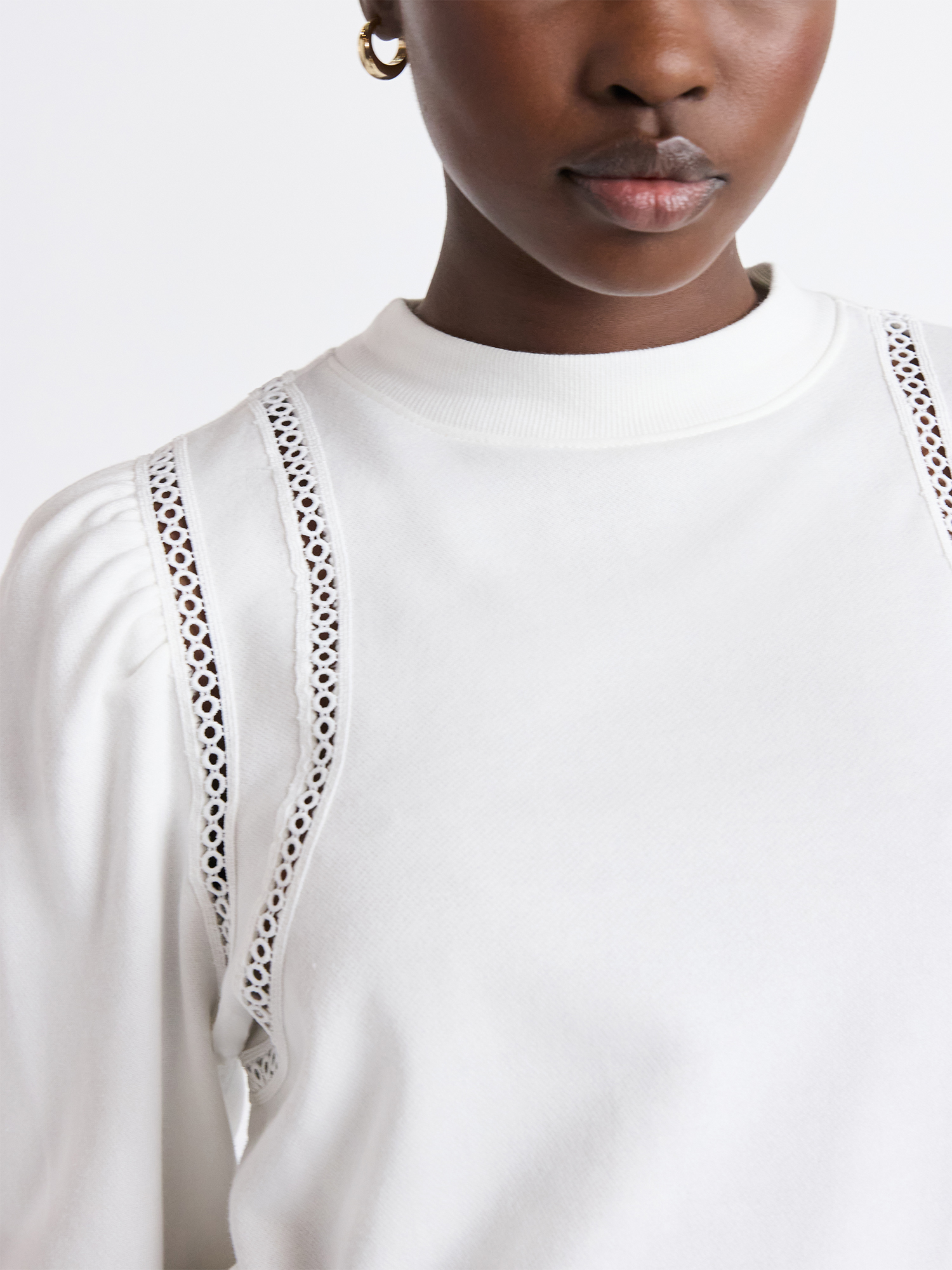Free Assembly Women's French Terry Sweatshirt with Lace Inset and Long Puff Sleeves, Sizes XS-XXL