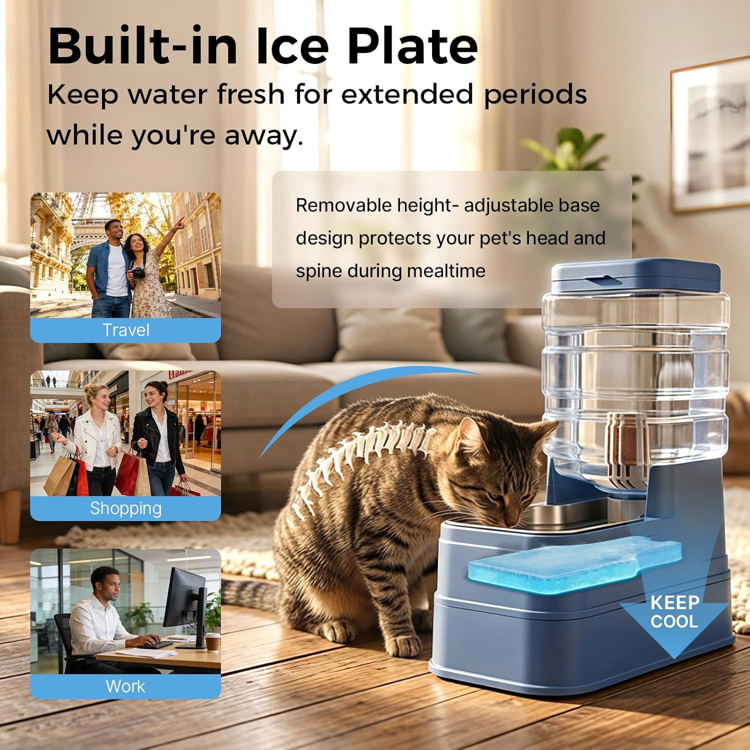 Automatic Cat Feeder and Water Dispenser with Stainless Steel Bowl with Ice Pack Gravity Food Feeder and Waterer Set Feeding Raised Bowls with Filter for Dog 1.3 Gallon x 2(Blue)