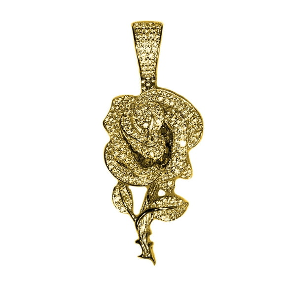 14k Gold Plated over Real Solid 925 Sterling Silver Rose Flower Iced Pendant Bling Out Hip Hop Charm