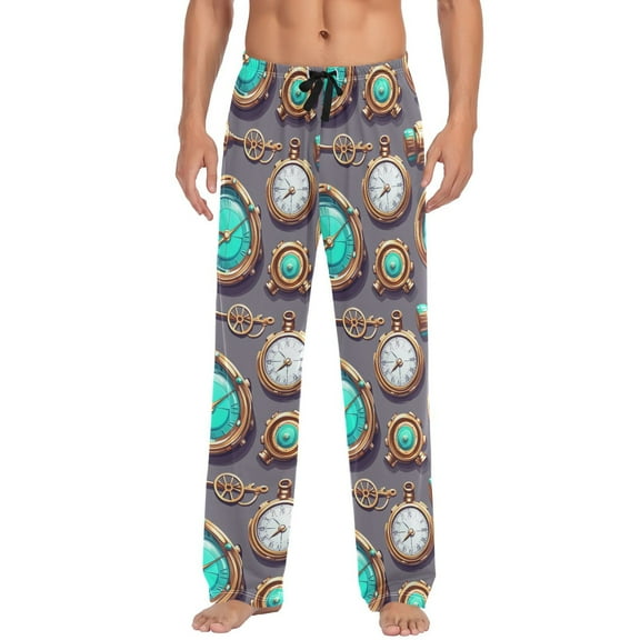 Men's Lightweight Pajama Bottoms Clock Design Stretch Elastic Waist Side Pockets Spring Fall