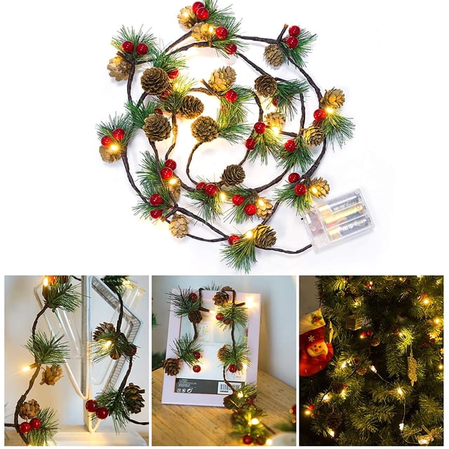 Guirnalda de luces LED navideñas con forma de piña, cada una de 6.6 pies, 20 LED, funciona con pilas, cono de pino navideño, bayas rojas, guirnalda de luces para fiesta de Navidad, dormitorio, árbol, decoración de mesa, agujas de pino brillar Electrónica