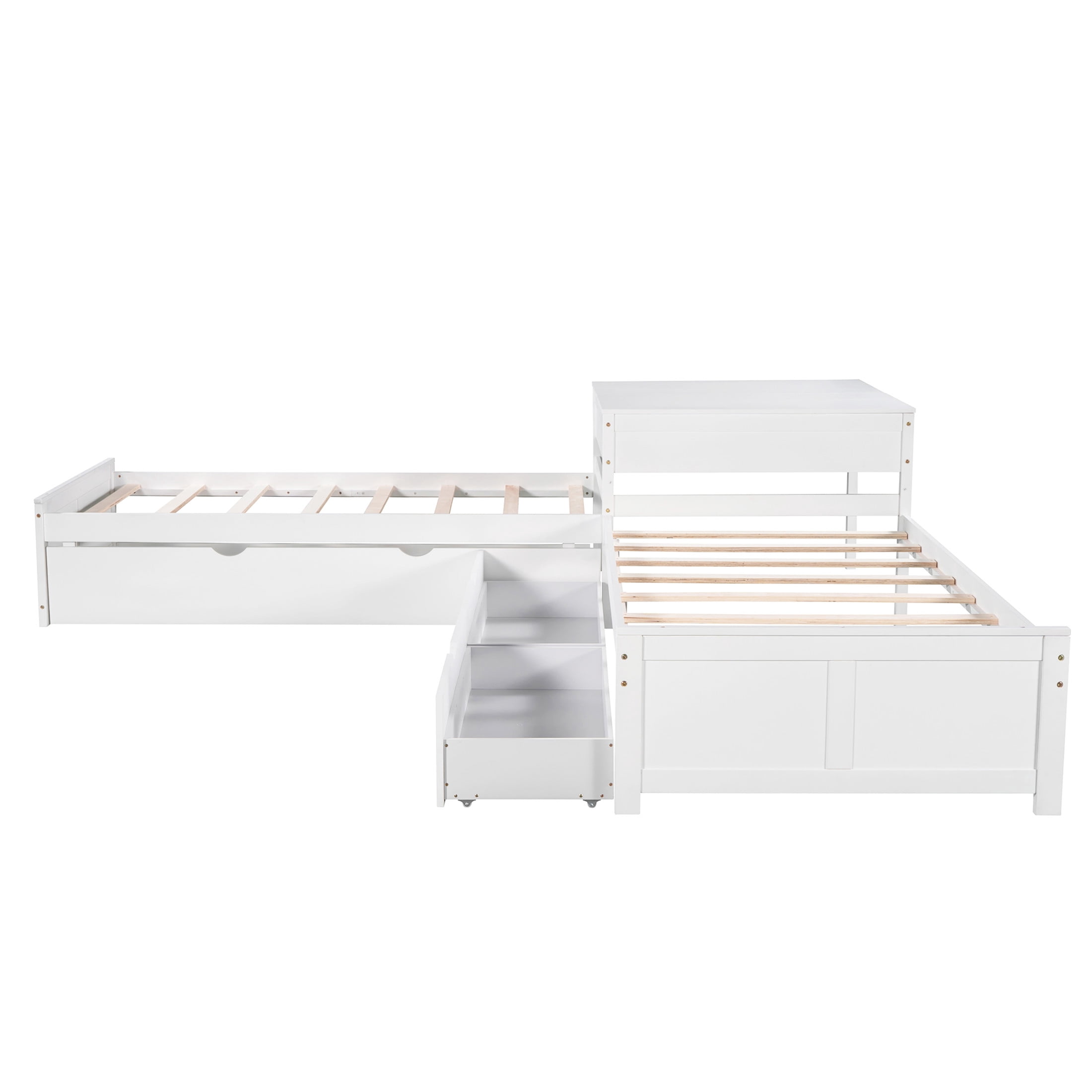 Noble House Solsto L-shaped Platform Bed with Trundle, Storage Drawers and Built-in Desk, Twin Size Corner Bed, White