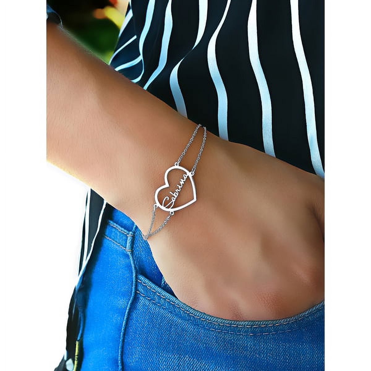 Personalized 7-inch Double Chain Heart-Shaped Name Bracelet
