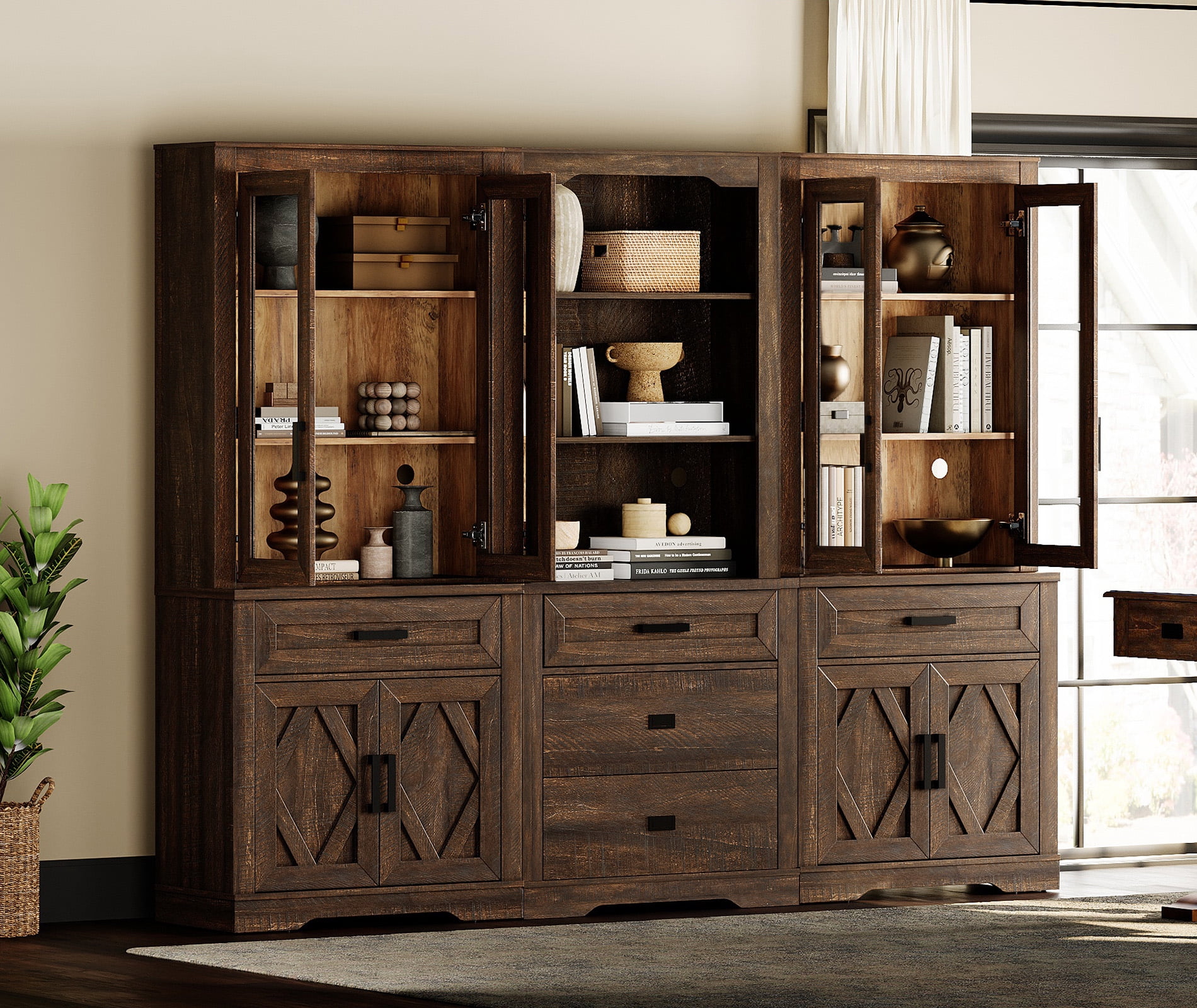 WAMPAT Modern Farmhosue 3-Column BookShelf Set,5 Tier Book Shelf with Open Storage and Glass Doors,73"H Tall Wood Bookcase with Storage Cabinet and Drawers for Study,Bedroom,Living Room,Espresso