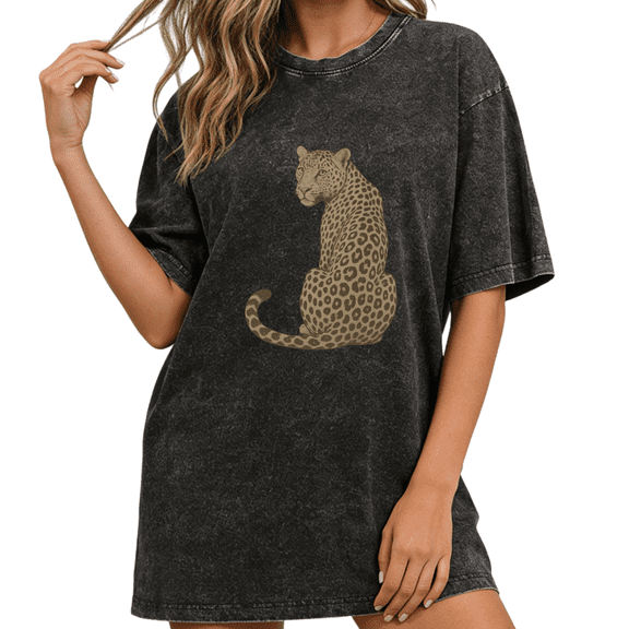Women's Vintage Washed Sitting Leopard Graphic Tee Summer Casual Crewneck Top