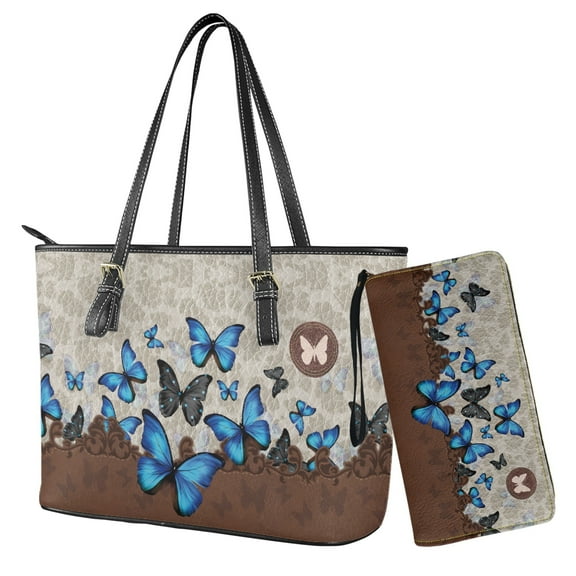 LedBack Butterfly Printed Handbag and Wallet Set Women Tote Bag Handbags PU Leather Hobo Shoulder Bags 2 Pcs with Coin Purses Waterproof Top Handle Handbag Set, Brown