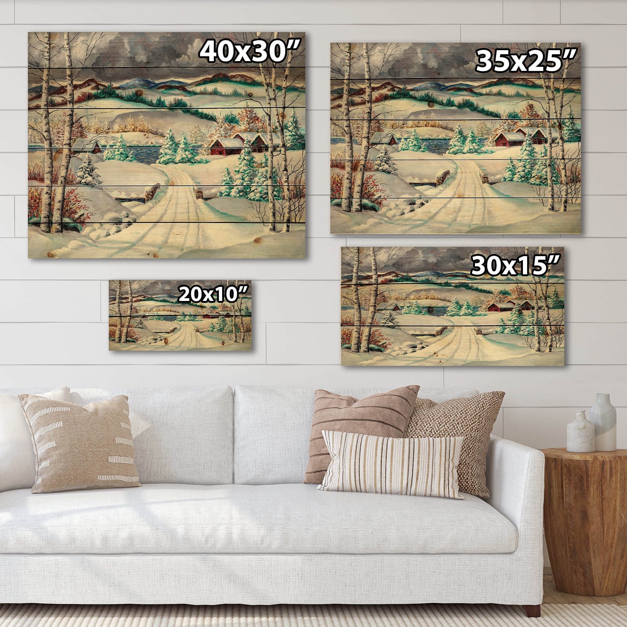 Designart 'Snowy Road In Countryside Winter Landscape' Traditional Print on Natural Pine Wood