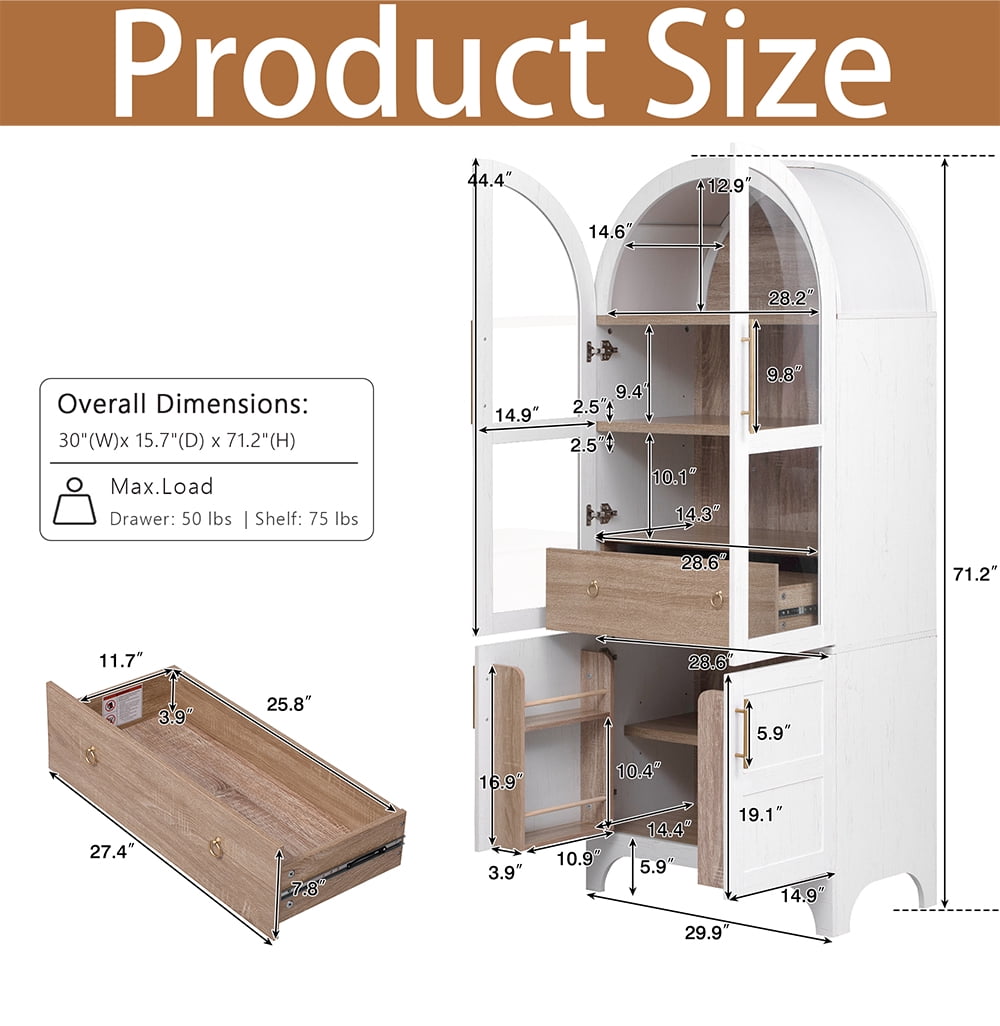 WARMMUSE Kitchen Pantry Cabinet, 71" Tall Wood Arched Storage Cupboard with Hidden Drawer, Shelves and Glass Doors for Dining Room or Kitchen, White