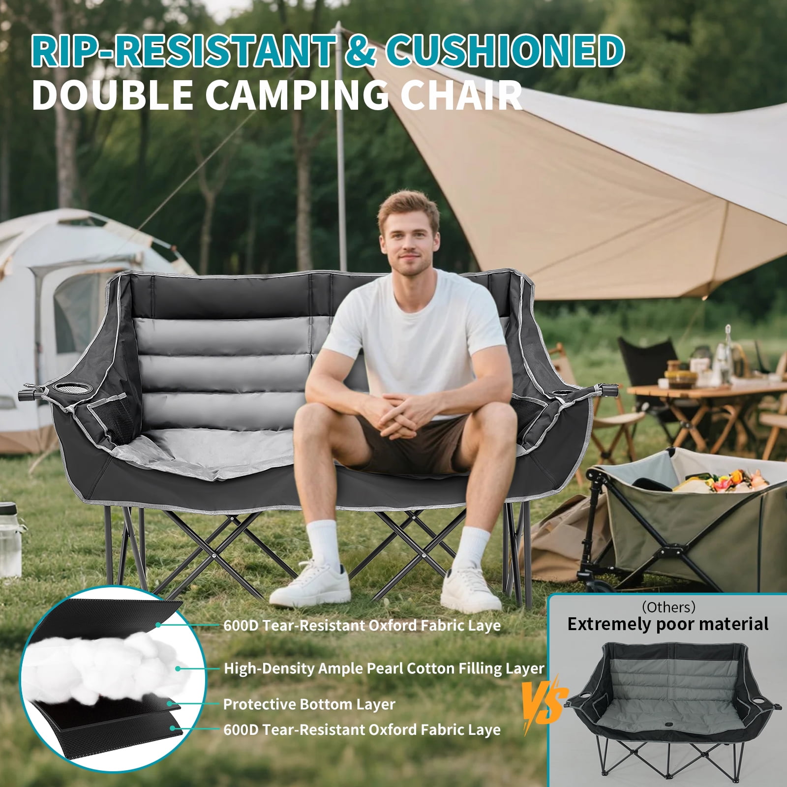 ABORON Oversized Double Camping Chair, Folding 2 Person Camping Chair Loveseat, Fully Padded Duo Chair Camping Couch, Portable Double Camp Chair, Lawn Chairs, Camping Bench with Carrying Bag