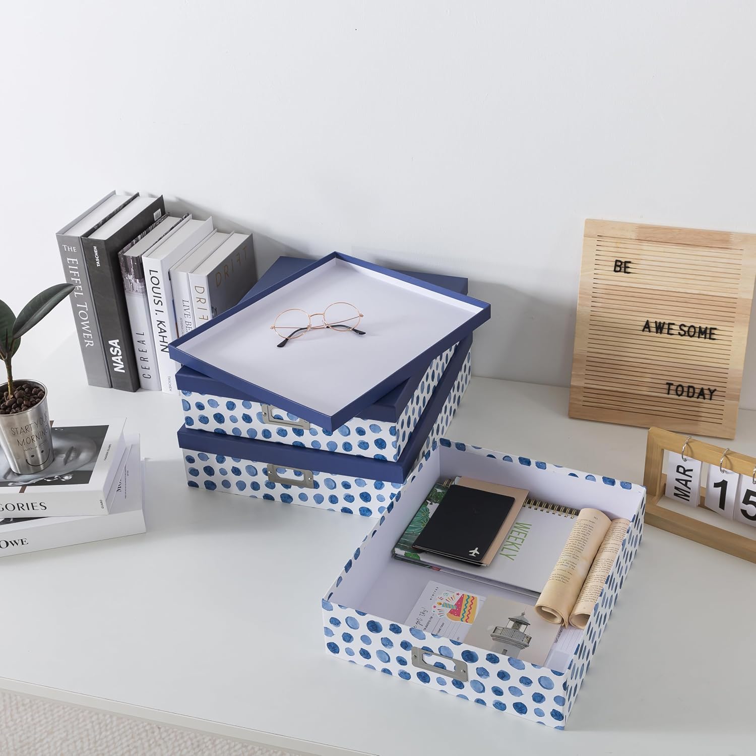 Blue Spots Decorative Storage Boxes with Lids, Set of 3 Memory Boxes for Keepsakes, Nesting Letter Cardboard Document Storage for Organizing, Photos, Scrapbook