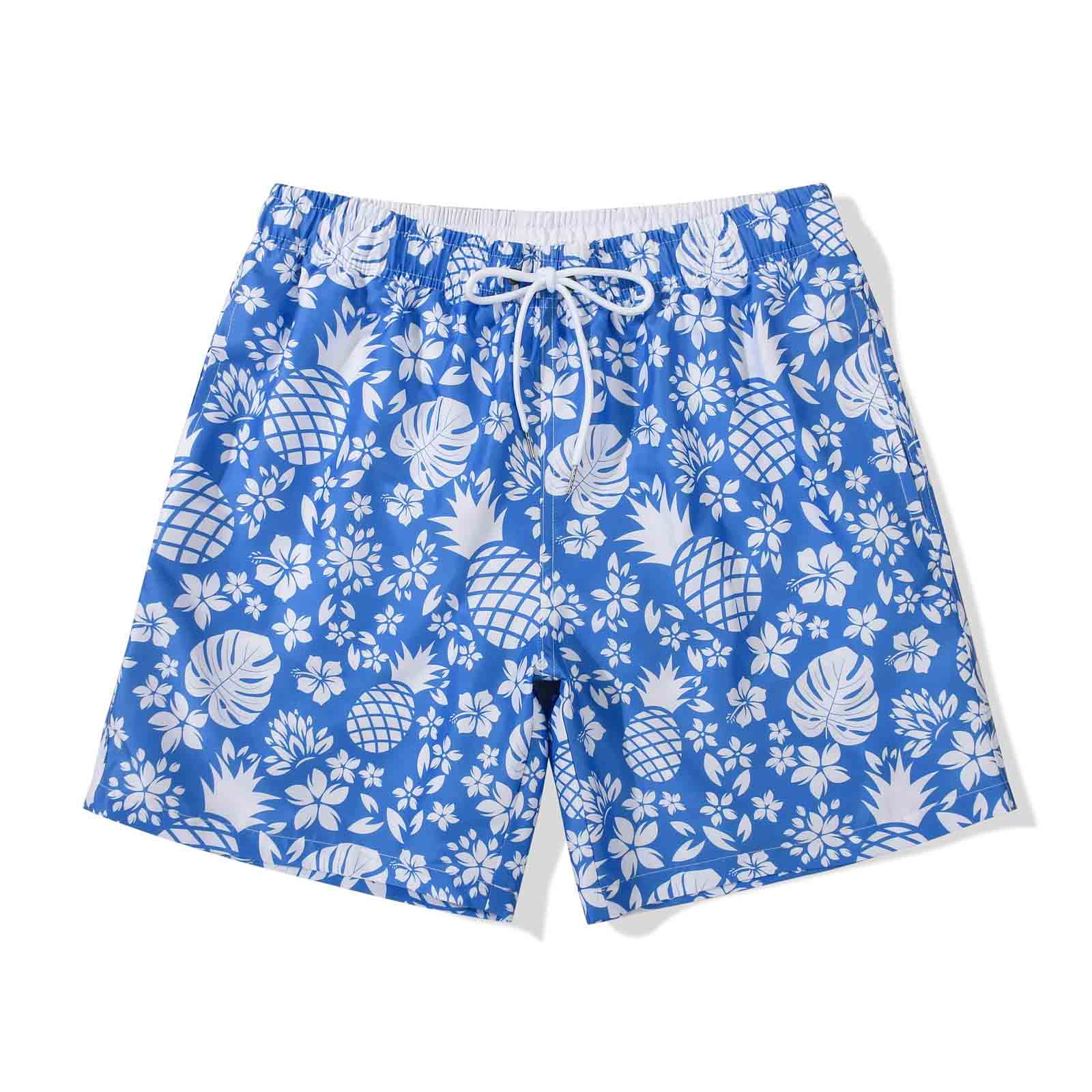 MADHERO 3 Pack Mens Swim Trunks with Mesh Lining Quick Dry Swim Shorts Bathing Suit Swimswear Blue White/ Blue/ Beige Pineapple Size 2XL